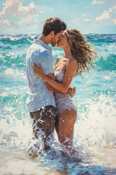 In this idyllic scene, a stunning Caucasian couple kisses gently in the turquoise ocean, surrounded by sparkling sunlight and playful waves. Their carefree smiles and the backdrop of a sunny beach