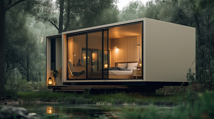 a futuristic mobile home, characterized by its sleek, glossy black exterior and extensive, rounded windows that create a modern, capsule-like appearance