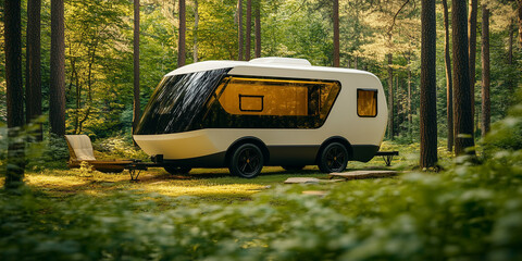 Obraz premium a futuristic mobile home, characterized by its sleek, glossy black exterior and extensive, rounded windows that create a modern, capsule-like appearance.