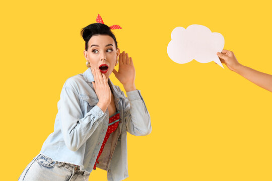 Shocked pin-up woman trying to hear something and blank speech bubble on yellow background