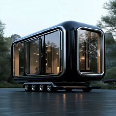 a futuristic mobile home, characterized by its sleek, glossy black exterior and extensive, rounded windows that create a modern, capsule-like appearance