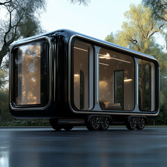 a futuristic mobile home, characterized by its sleek, glossy black exterior and extensive, rounded windows that create a modern, capsule-like appearance