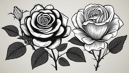 hand drawn black and white rose illustration clipart set