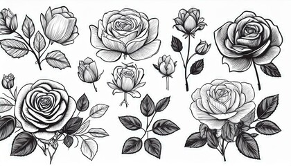 hand drawn rose flowers set black and white illustration
