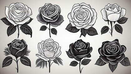 hand drawn black and white rose illustration clipart set