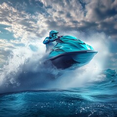 Light blue jet ski jumping the waves, top half of the image for copy space.