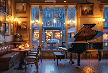 cozy evening jazz cafe with tables and chairs and grand piano, fireplace