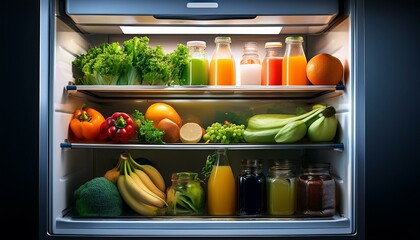 open refrigerator filled with fresh produce and beverages