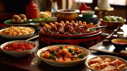 Fototapeta premium A table laden with a variety of delicious Chinese dishes, including roast duck, stir-fried vegetables, and dumplings.