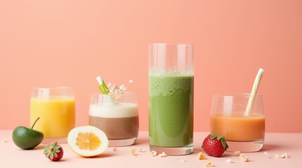 Colorful assortment of fresh fruit smoothies and dairy drinks on a pastel pink background with citrus fruits arranged nearby