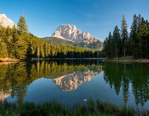 pristine mountain reflection on the glassy surface of a clear lake surrounded by tall pines