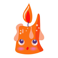 A cute cartoon candle with a flame isolated on a white background. The anthropomorphic candle is surprised and looks with cute eyes. Vector illustration for Halloween