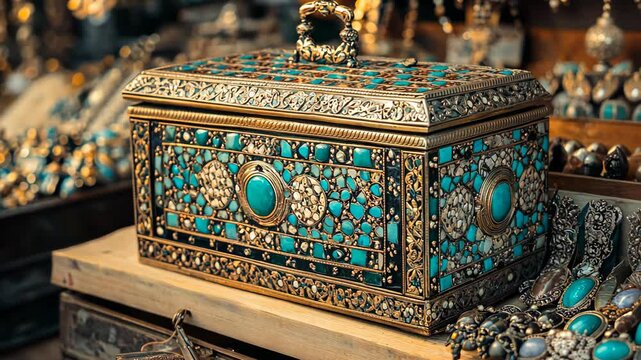 A decorative box with turquoise inlay sits in a bustling marketplace, reflecting the vibrant colors and craftsmanship of the surrounding goods