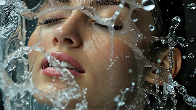 A woman's face is splashed with water, creating a beautiful, abstract pattern
