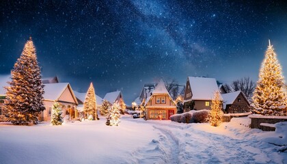 Fototapeta premium snow covered christmas village with twinkling lights decorated trees and a warm holiday glow under a snowy winter night sky