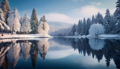 snow kissed trees encircle a placid lake creating a mirror like reflection in the water
