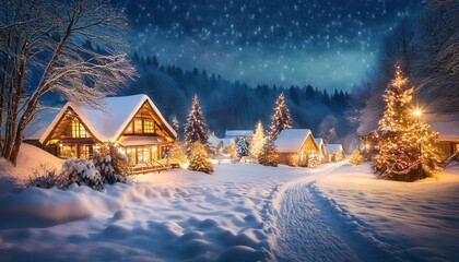 Fototapeta premium snow covered christmas village with twinkling lights decorated trees and a warm holiday glow under a snowy winter night sky