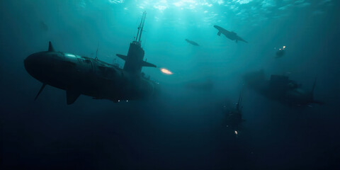 Obraz premium A dark and tense underwater scene depicting a submarine engaged in battle, showcasing torpedoes, dramatic lighting, and an atmosphere of suspense and military strategy.