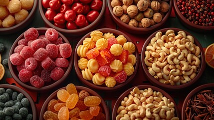 An overhead view of various colorful candies, nuts, and fruits in small bowls on a green background.