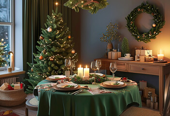 Obraz premium cozy evening aesthetic composition of warm dining room interior with table and tablecloth, christmas tree, christmas setting