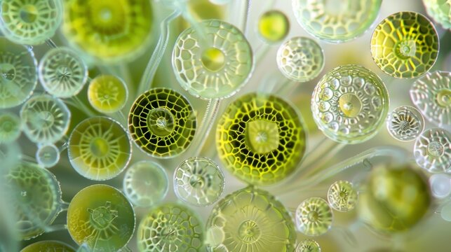 A microscopic view of algae showcasing the circular patterns and interconnected structures of these singlecelled organisms