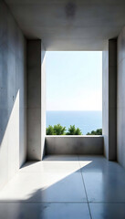 Fototapeta premium An empty balcony room with a breathtaking sea view. The terrace features sleek concrete flooring and a modern design, inviting tranquility and relaxation in a scenic coastal setting