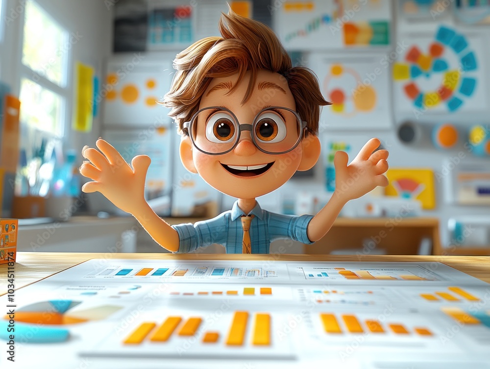Poster smiling cartoon character at desk with charts and graphs