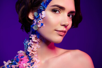 Photo of attractive girl look have floral fantasy body art isolated over bright color background