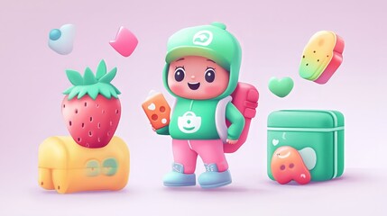 Obraz premium A vibrant and playful illustration featuring a central character in a green outfit with a white heart, surrounded by a smiling strawberry, colorful blocks, and whimsical floating shapes.