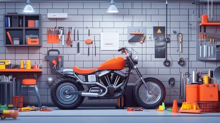 Obraz premium Bright orange motorcycle in a well-organized garage filled with tools and equipment during the daytime