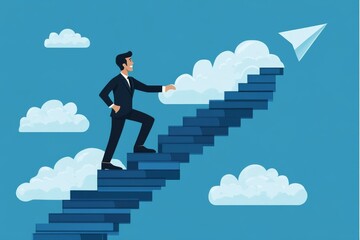 Cartoon Man in Business Attire Climbing an Upward Arrow, Symbolizing Growth and Success in Technology Sales with Blue Stairs and Clouds.


