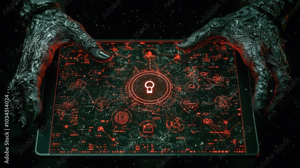 Poster cybersecurity expert utilizes advanced tablet technology to analyze data security graphs with a holo