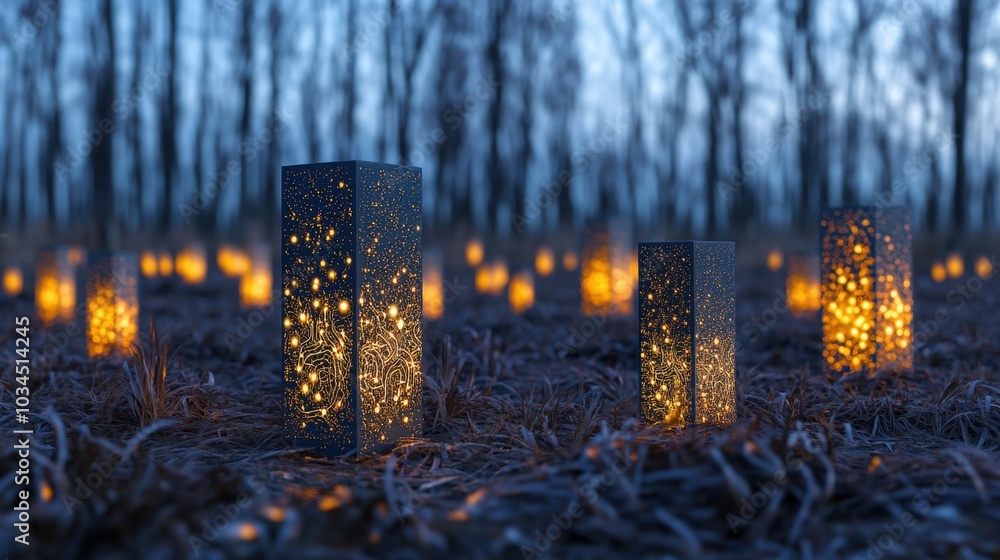 Poster shimmering field of rotating cubes adorned with glowing circuit designs in a twilight forest setting