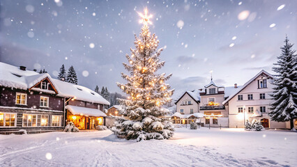 Snow-covered village at night, with glowing lights from windows, a tall Christmas tree in the center of the square, soft snowfall under a starry sky, christmas design background