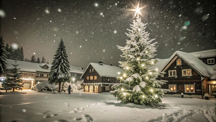 Obraz premium Snow-covered village at night, with glowing lights from windows, a tall Christmas tree in the center of the square, soft snowfall under a starry sky, christmas design background