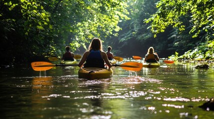 Friends exploring a tranquil river in kayaks, surrounded by lush greenery on a peaceful summer day