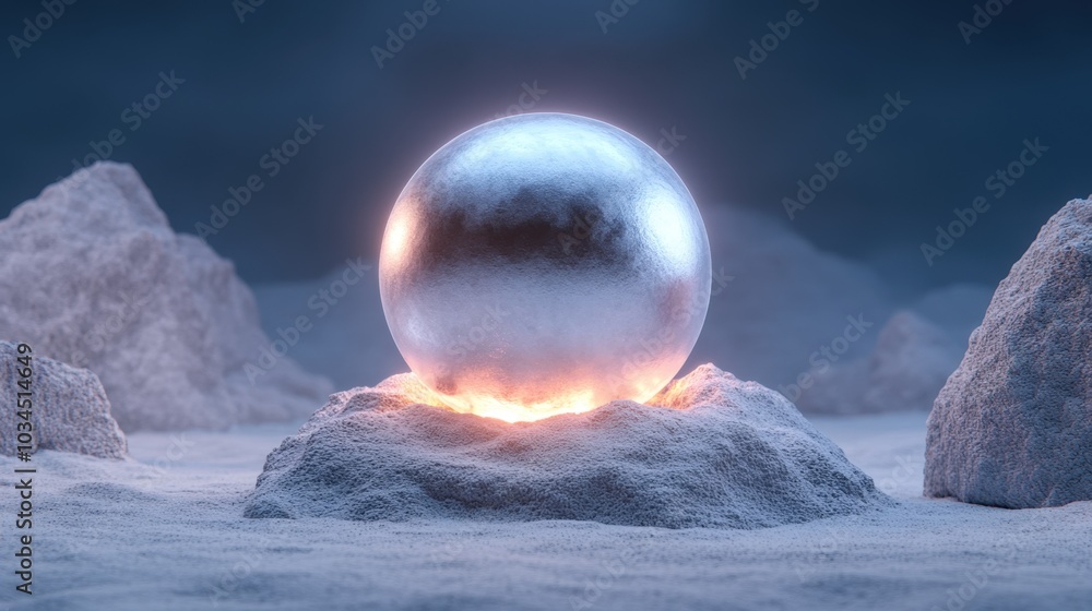 Poster a luminous geometric sphere pulsating softly amidst a vast, dark void, representing interconnected d