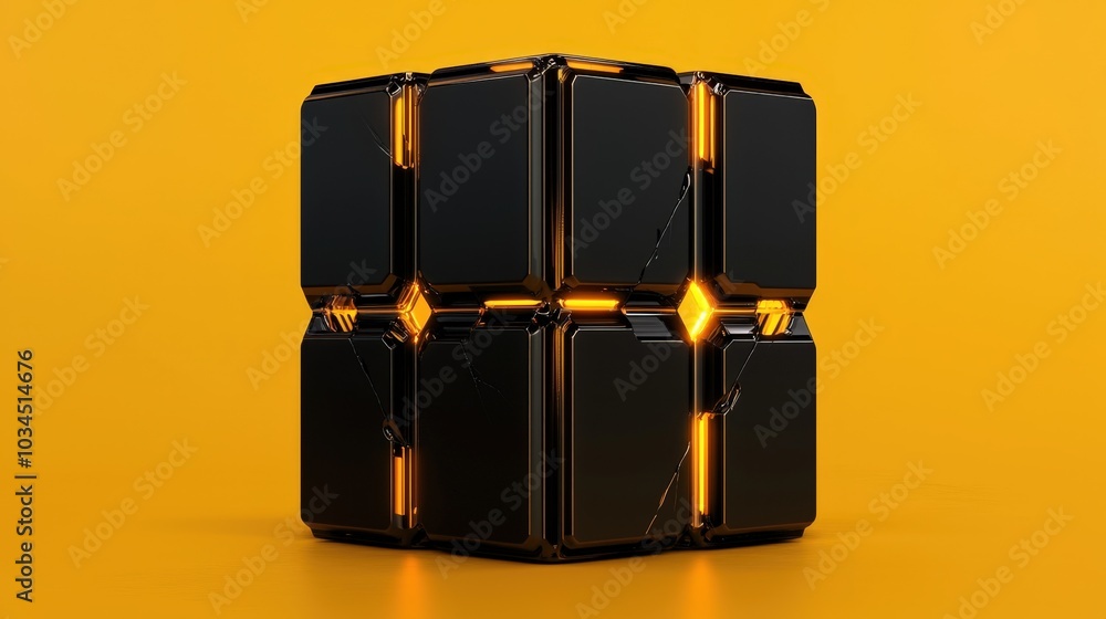 Poster a striking matte black cube with sharp edges contrasts vividly against a bright yellow gradient back