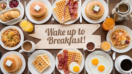 Healthy breakfast food table scene. Top down view over a white wood banner background.