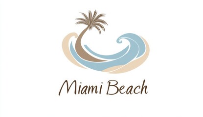 Minimalistic "Miami Beach" Logo Featuring Ocean Wave and Palm Tree in Soft Pastel Colors