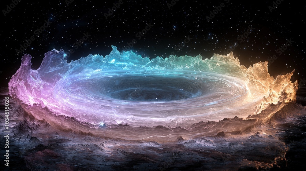 Poster exploring the colorful dance of a quantum wavefunction in a vibrant, abstract cosmic space