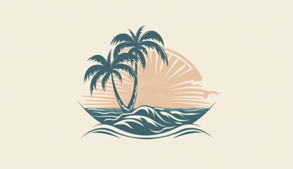 Obraz premium Ocean Wave and Palm Tree Illustration in Soft Pastel Colors for a Summer Beach Background.