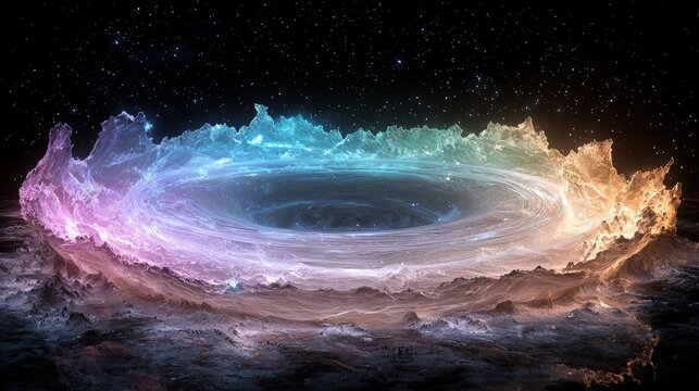 Exploring the colorful dance of a quantum wavefunction in a vibrant, abstract cosmic space