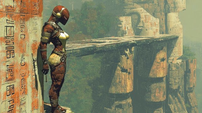 A robot navigates the remnants of an ancient alien civilization while scanning cryptic hieroglyphics on towering stone pillars