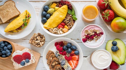 Healthy breakfast food table scene. Top down view over a white wood banner background.