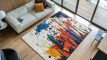 A stylish modern rug is showcased in a full-room view, highlighting its sleek design