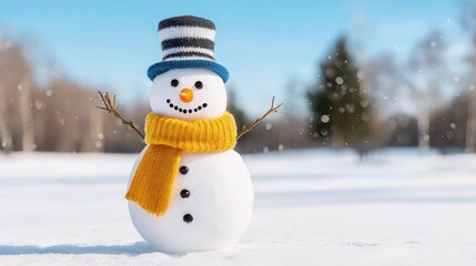 Obraz premium A cheerful snowman stands proudly in a snowy landscape, wearing a colorful scarf and a classic top hat on a bright winter day