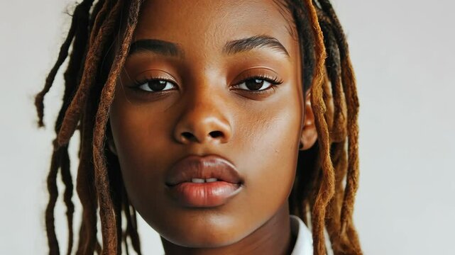 A young woman with dreadlocks stares intently at the camera