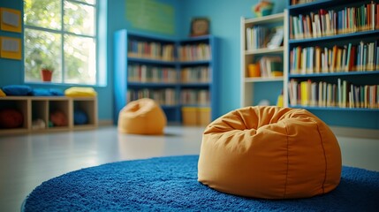 A cozy reading nook featuring colorful bean bags on a blue rug, surrounded by shelves filled with books in a bright, cheerful room.