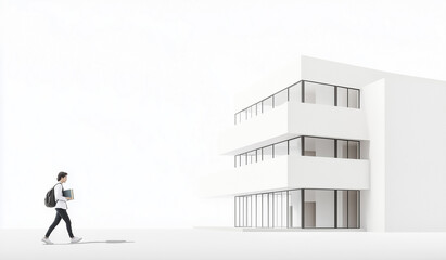 Minimalist University Campus with a Student Walking Among Clean Architecture, generative ai